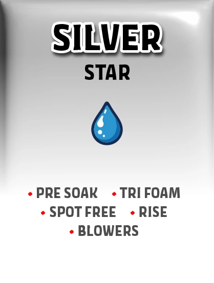 Space Spa Silver Star car wash package – mid-tier wash with pre soak, tri foam, spot-free rinse, and blowers